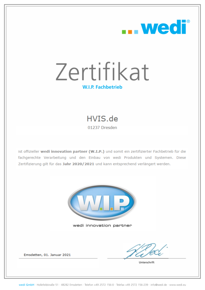 Zertifikat der wedi GmbH: HVIS.de, Dresden, W.I.P. Fachbetrieb