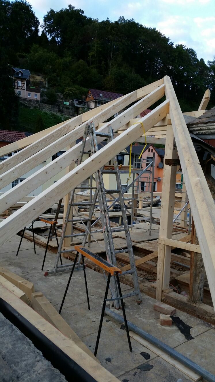 Neuer Dachstuhl im Rohbau, dahinter Häuser am bewaldeten Hang von Stadt Wehlen