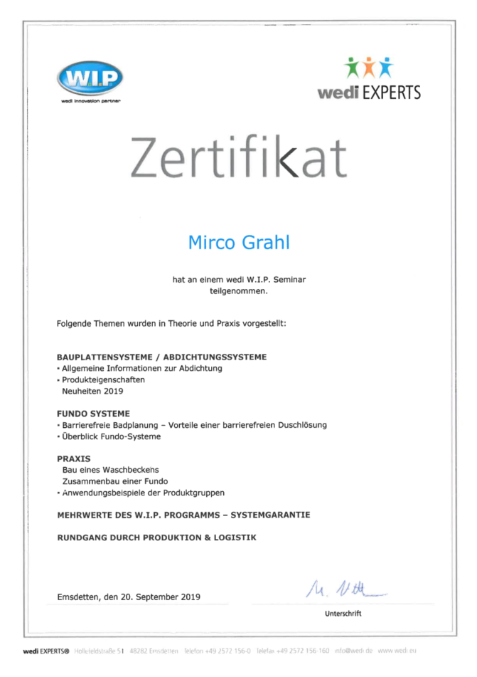Zertifikat von wedi EXPERTS über die Teilnahme von Mirco Grahl an einem wedi W.I.P. Seminar am 20. September 2019