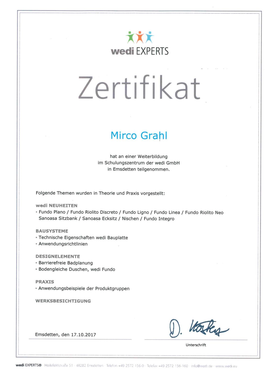 Zertifikat von wedi EXPERTS über eine Weiterbildung von Mirco Grahl in Emsdetten am 17. Oktober 2017