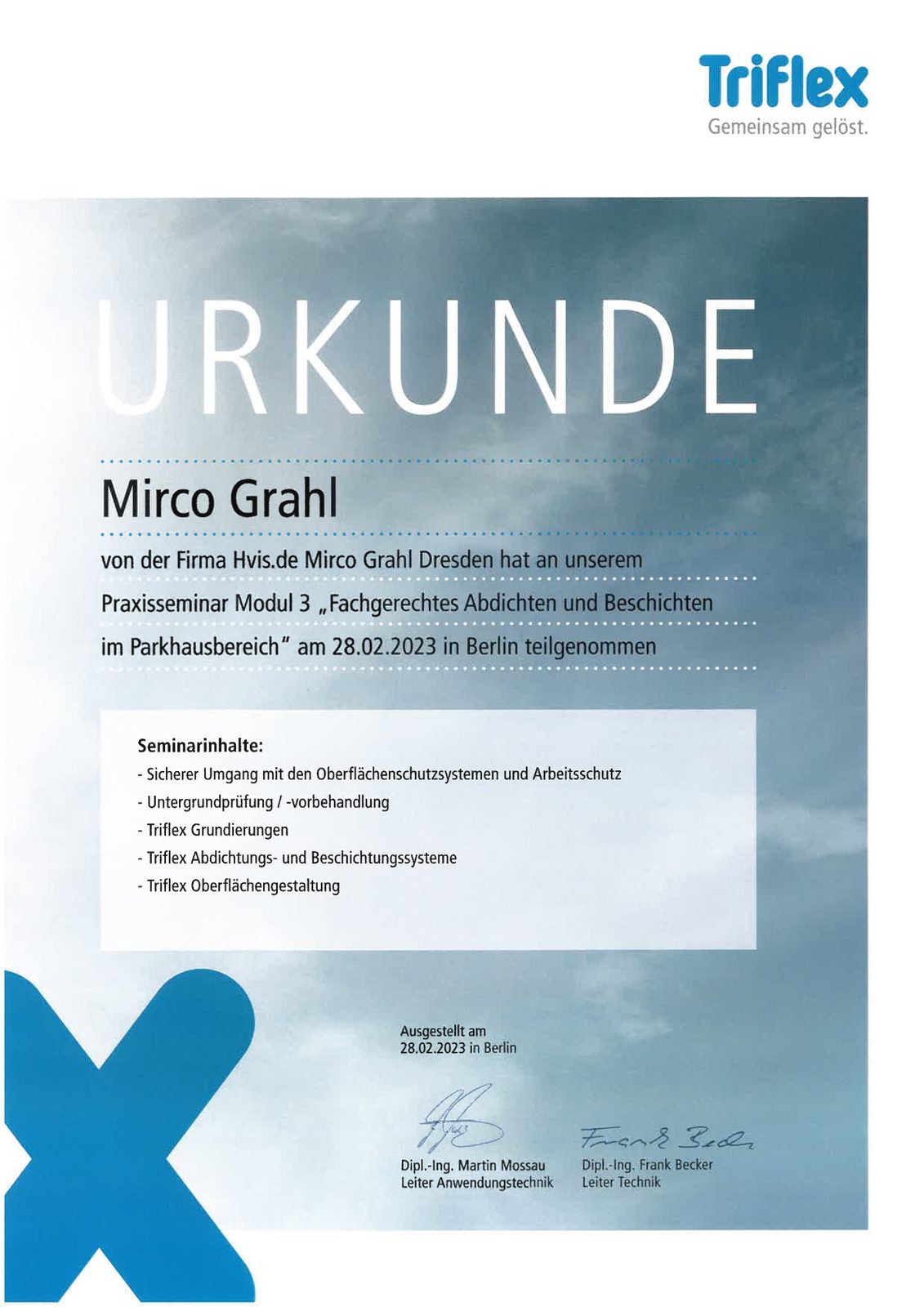 Urkunde von Triflex für Mirco Grahl über das Praxisseminar Modul 3 am 28. Februar 2023 in Berlin