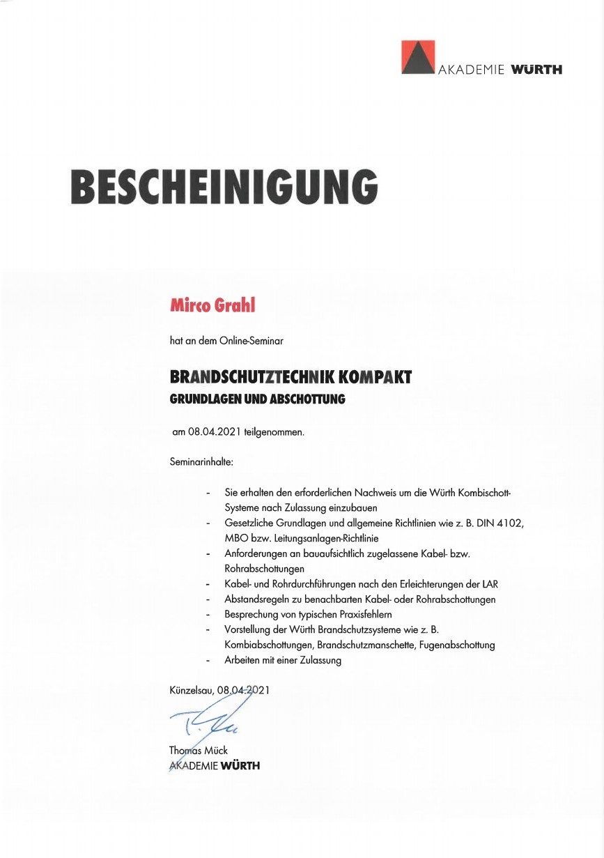 Bescheinigung der Akademie Würth für Mirco Grahl über ein Online-Seminar am 8. April 2021
